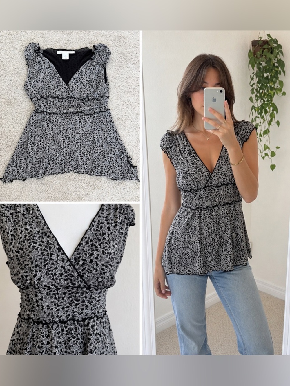 🖤 Vintage Max Studio Black White Lace Print Babydoll Top M/L🖤
